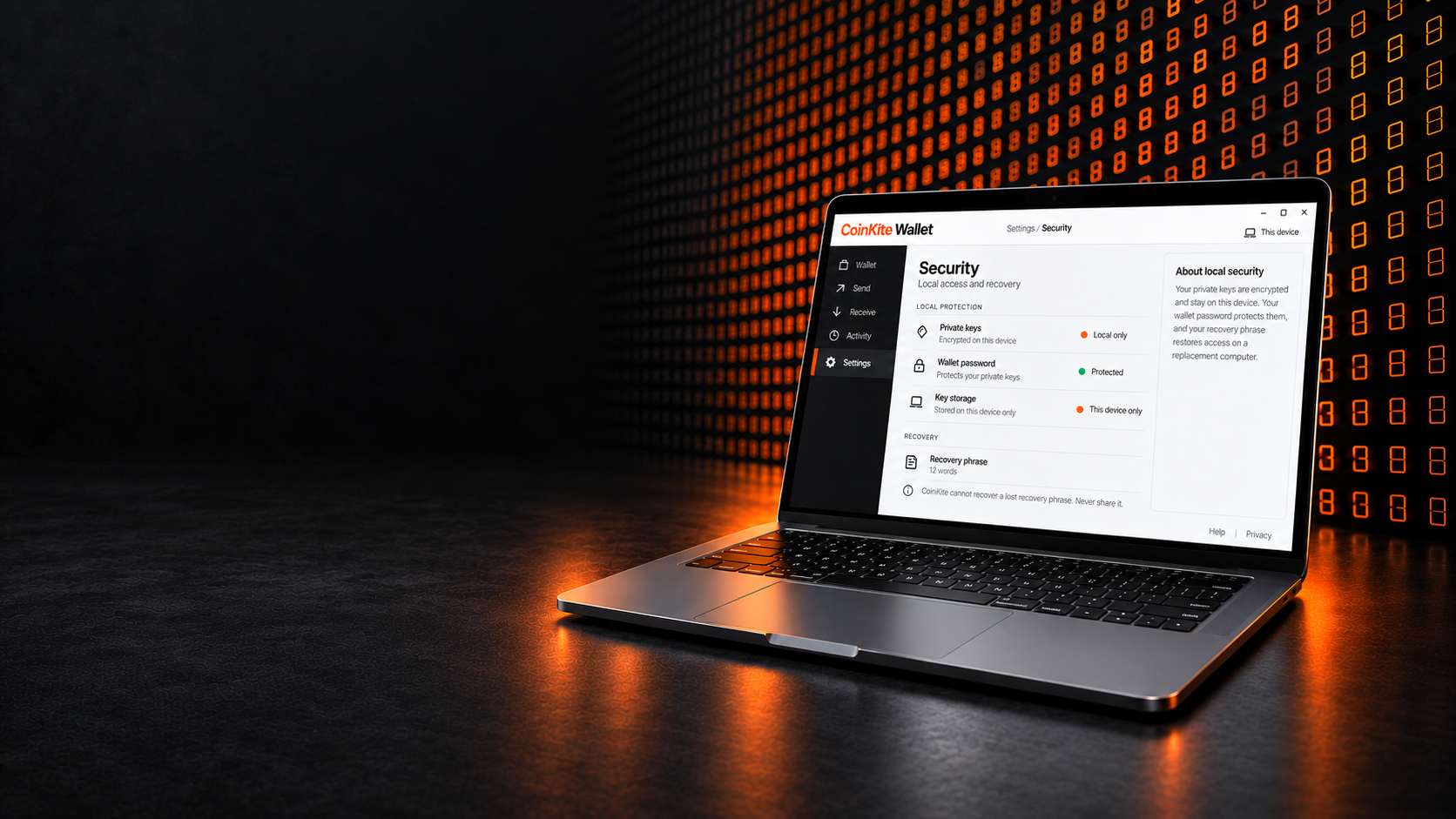 CoinKite Wallet security overview on a laptop, showing locally stored private keys, password protection and recovery phrase settings.